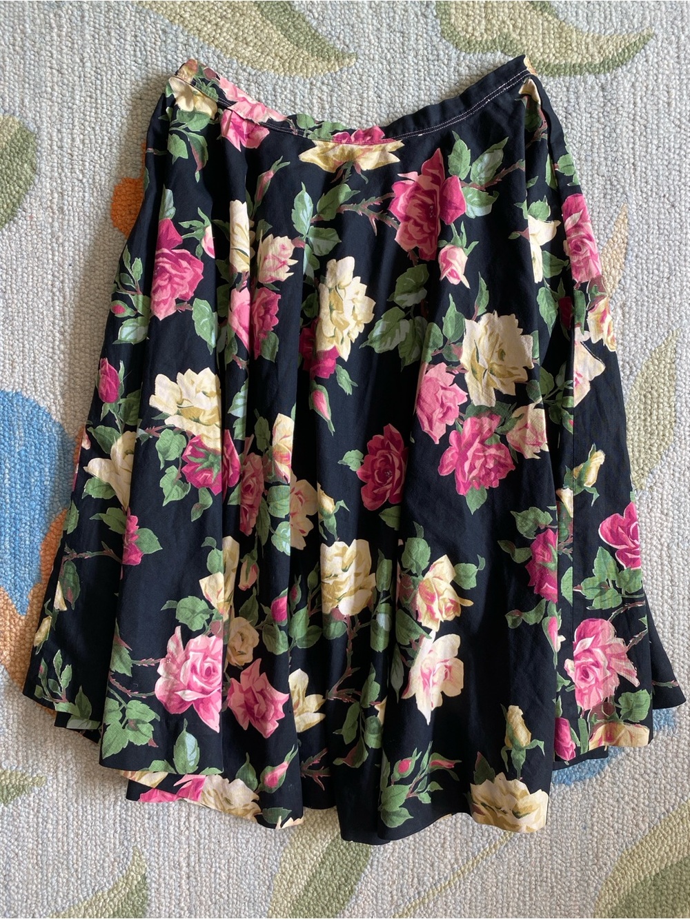 VTG Handmade (?) Cabbage Rose Print Circle Skirt
